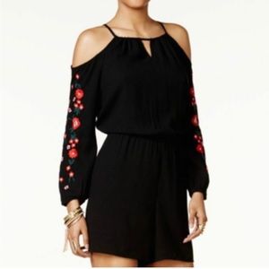 Thalia Sodi Black Romper with Red Floral Embroidery